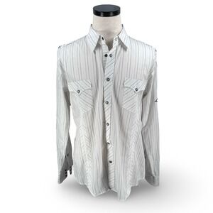 Y2K Indigo Star Mens Large White Pinstripe Wings‎ Guitar Graphic Button Shirt